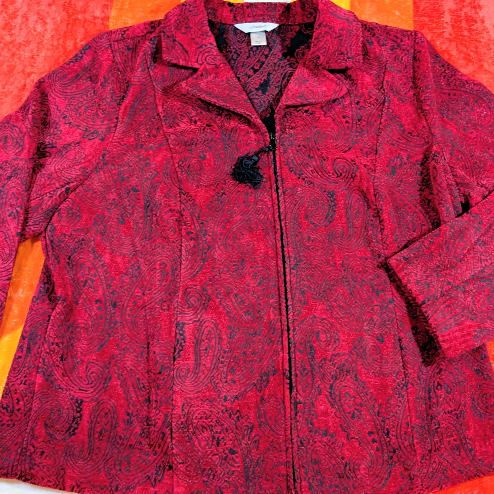 CJ Banks Maroon & Black Paisley Jacket Shacket Blazer 1X, Boho Artsy Velvet Like